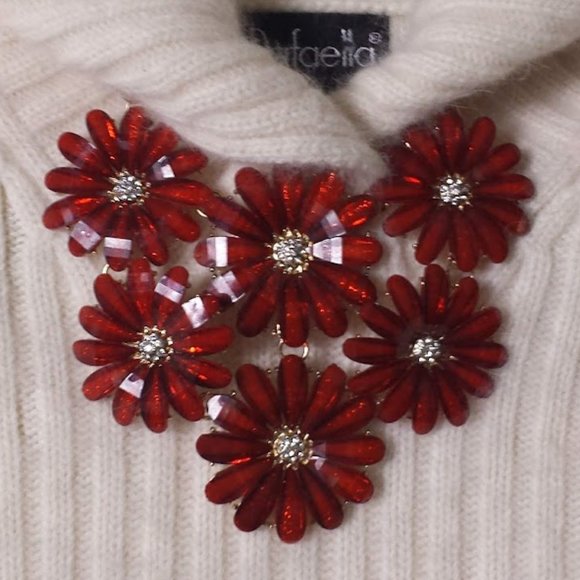 Statement Red Crystal Bead Flower Necklace Statement Runway - Picture 1 of 11